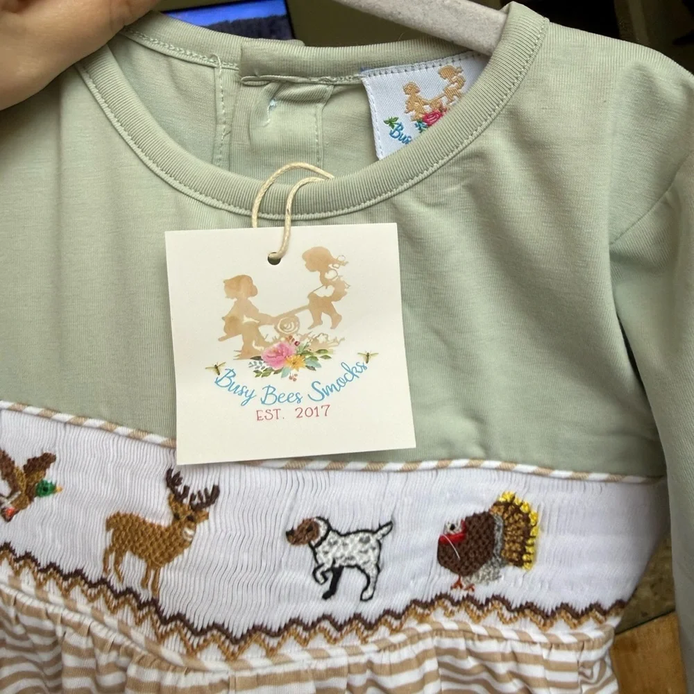 Green and Beige Striped Smocked Hunting Romper with Woodland Smocking